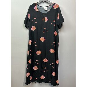 Vintage‎ Desert Shores Dress Womens Size Large Fish Tropical Boho Black Rayon